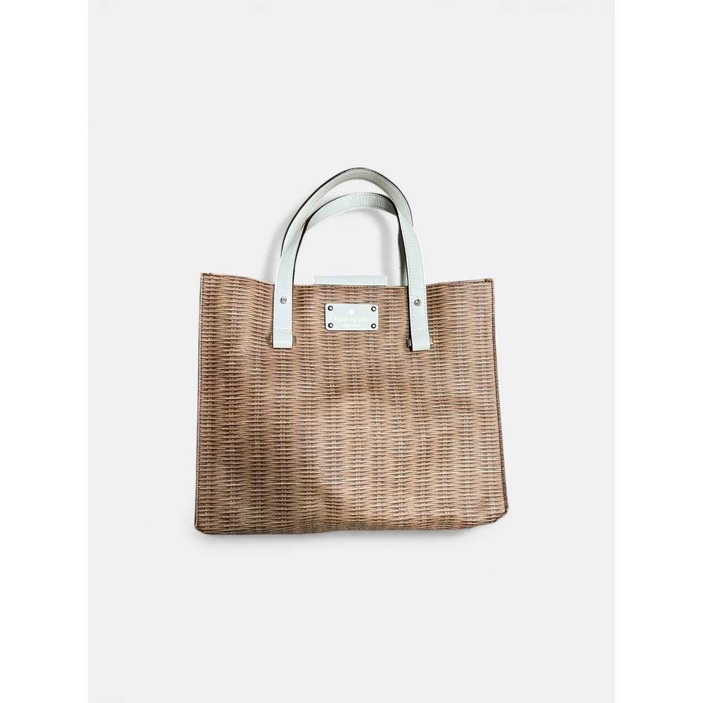KATE SPADE GRAINY VINYL Picnic BASKET Pattern Beach Purse Magnet Clasp Brown Wht